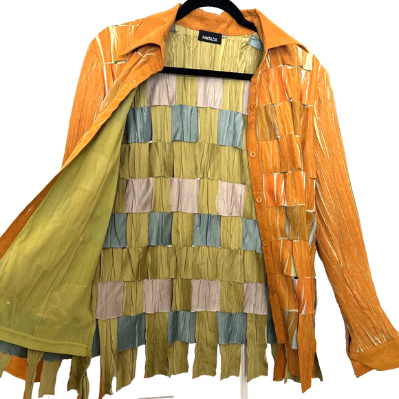 Fantazia Textured Weave Shirt Sz L Yellow Orange Witchy 90s Art Indie - Picture 5 of 9